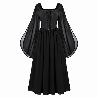 Halloween Women Medieval Witch Renaissance Dress With Bell Sleeves Pockets