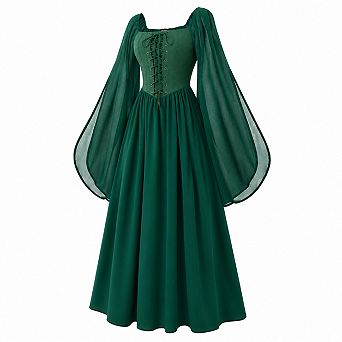Halloween Women Medieval Witch Renaissance Dress With Bell Sleeves Pockets
