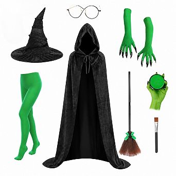 Womens 8 pc Witch Costume Set Halloween Cosplay Dress Up Accessories