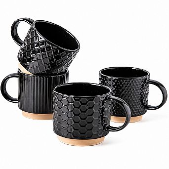 12oz Stackable Ceramic Coffee Mugs Set of 4 Embossed Texture Safe for Dishwasher Microwave