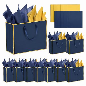 12 Pack Navy Gift Bags With Handles Matching Tissue Paper For All Occasions