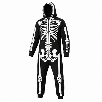 Halloween Adult Unisex Skeleton Costume Zip Up Hooded Jumpsuit With Pockets
