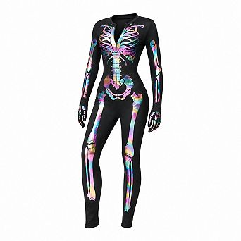 Womens Glow In The Dark Skeleton Print V Neck Bodysuit Halloween Costume