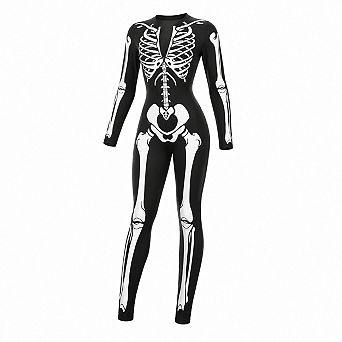Womens Glow In The Dark Skeleton Print V Neck Bodysuit Halloween Costume