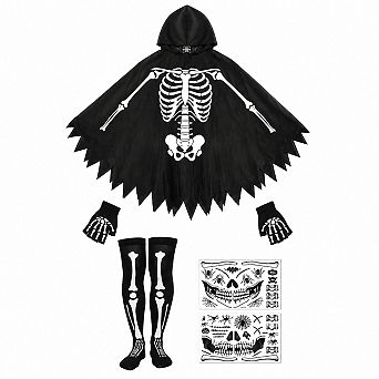 Halloween Glow in the Dark Skeleton Hooded Poncho Costume Set with Gloves Socks Face Stickers