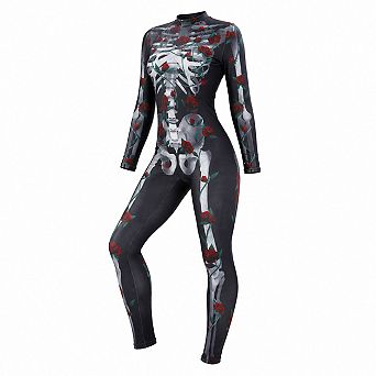 Women Skull Rose Print Long Sleeve High Neck Zip Up Halloween Jumpsuit Costume