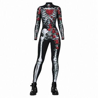Women Skull Rose Print Long Sleeve High Neck Zip Up Halloween Jumpsuit Costume
