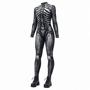 Women Skull Rose Print Long Sleeve High Neck Zip Up Halloween Jumpsuit Costume