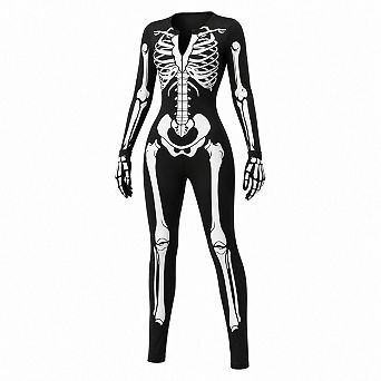 Halloween Women Glow In The Dark Skeleton Costume Jumpsuit Gloves Set