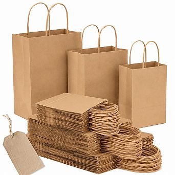 100 Pack Brown Paper Gift Bags With Handles Bulk Assorted Sizes Sturdy Party Favor Bags