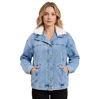 Women's Fleece Collar Side Pocket Long Sleeve Button Down Outerwear Denim Jacket