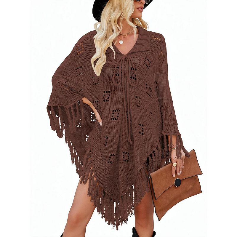 Women's V Neck Fringe Knit Poncho Pullover Sweater Cape