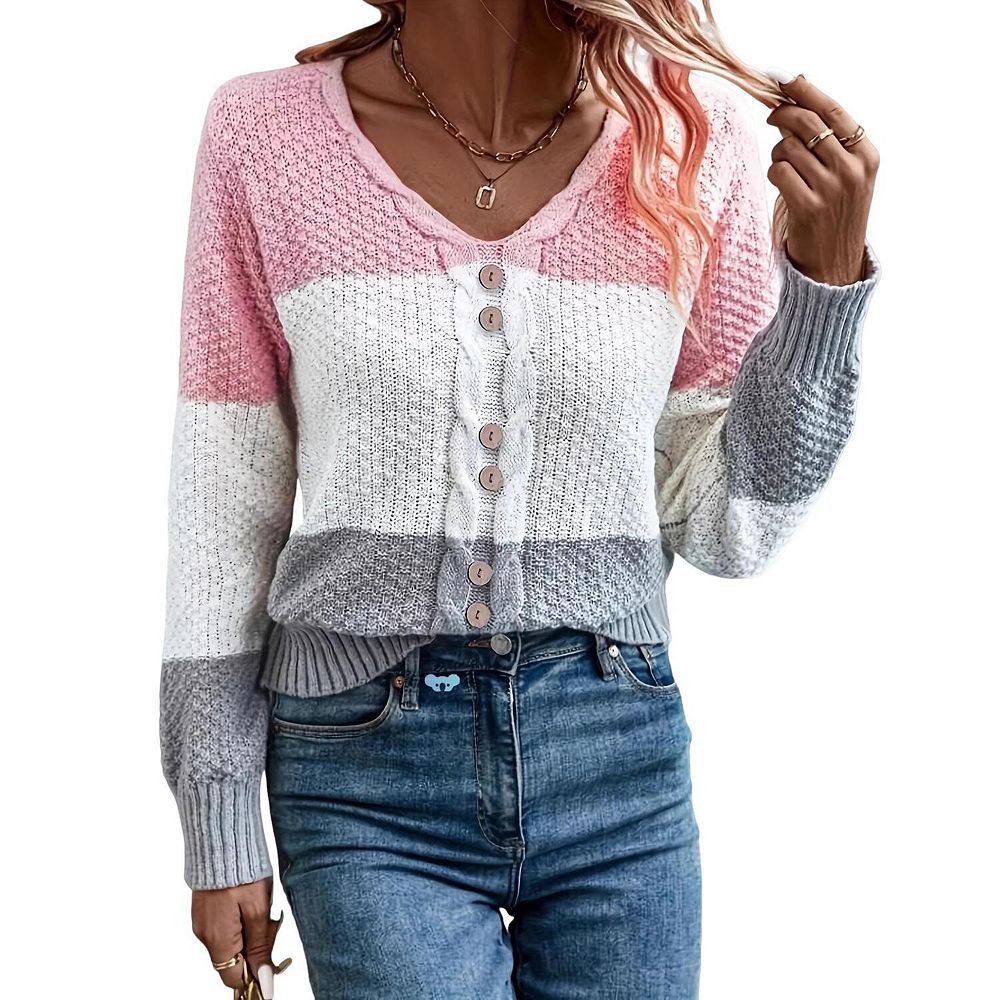 Womens Color Contrast Buttons Pullover Sweaters Long Sleeve Ribbed Knit ...