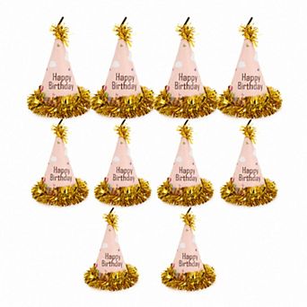 5.91" Heart Print Tinsel Trim Birthday Party Cone Hats 10 pc