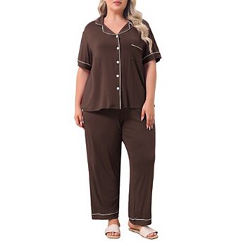 Women's Plus Size Pajama Set 2 pc Button Down Short Sleeve & Straight Wide Leg Trousers