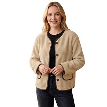 Women's V Neck Contrast Trim Fuzzy Fleece Button Down Coat