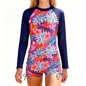 Girls' 2 pc Long-Sleeve Rash Guard Swimsuit Set with Shorts