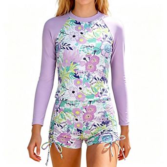 Girls' 2 pc Long-Sleeve Rash Guard Swimsuit Set with Shorts