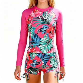 Girls' 2 pc Long-Sleeve Rash Guard Swimsuit Set with Shorts