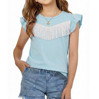 Girls' Fringe T-Shirt, Cap-Sleeve Crew Neck Summer Top, Breathable Girls Tee