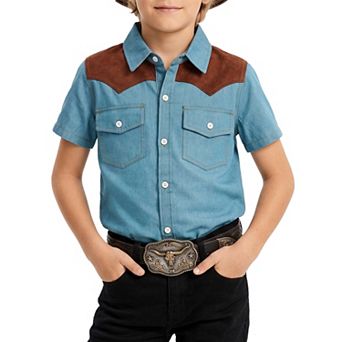 Boys' Western Denim Shirt with Suede Patchwork