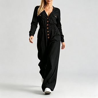 Women Long Sleeve Jumpsuit V Neck Button Front Elastic Waist Wide Leg Casual Romper with Pockets