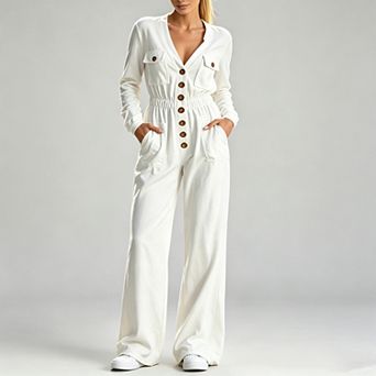 Women Long Sleeve Jumpsuit V Neck Button Front Elastic Waist Wide Leg Casual Romper with Pockets