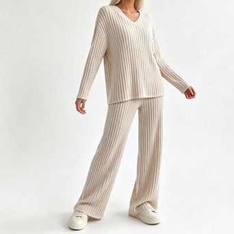 Women Ribbed Knit 2 pc Outfit, V‑Neck Long Sleeve Top and Straight Leg Pants Loungewear Set