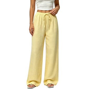 Women Linen Wide Leg Pants Elastic Drawstring Casual Trousers