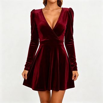 Women's Velvet Puff Sleeve Dress V-Neck A-Line Long Sleeve Cocktail Party Dress