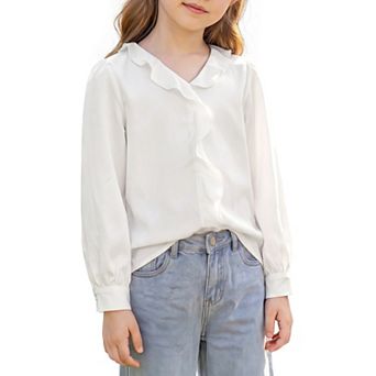 Girls 5-12 Ruffle Shirt V Neck Casual Chiffon Blouses Fall Loose Tops