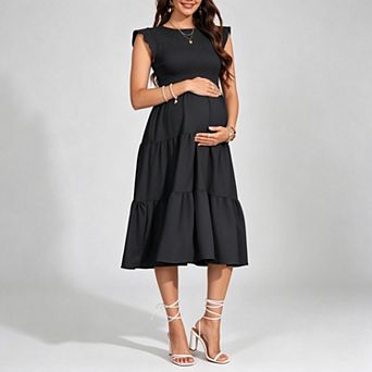 Women's Maternity Smocked Dress Flutter Sleeve Tiered Midi Dress for Baby Shower