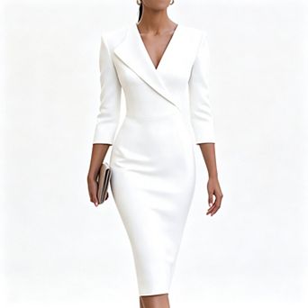 Women's Blazer Dress, V-Neck 3/4 Sleeve Belted Waist Bodycon Midi Dress