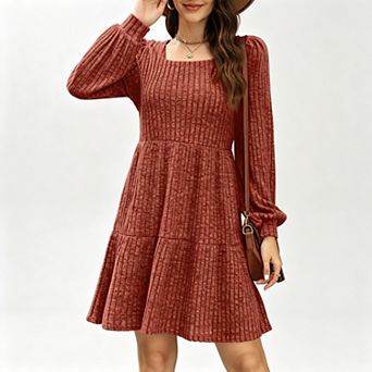 Women's Square Neck Babydoll Knit Sweater Dress - Long Sleeve A-Line Mini Dress with Pockets