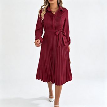 Women's Long Sleeve Pleated Midi Dress Elegant Lapel Collar High Waist A-Line Work Party Dress