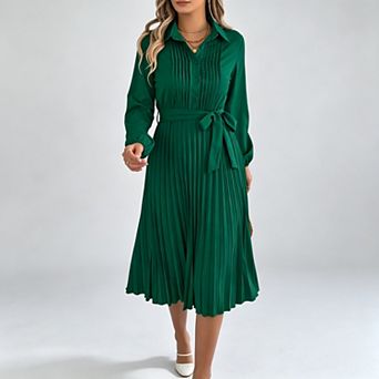 Women's Long Sleeve Pleated Midi Dress Elegant Lapel Collar High Waist A-Line Work Party Dress