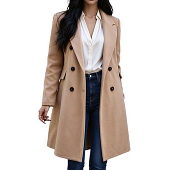 Women's Notched Lapel Double Breasted Mid Length Elegant Relaxed Fit Coat Classic Dressy Outerwear