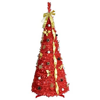 6FT Pre Lit Full Pop Up Christmas Tree with 150 Warm LED Lights, Gold and Red Ribbon, Bows, Balls