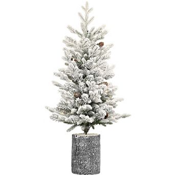 4.5FT Pre Lit Potted Snow Flocked Christmas Tree Small Artificial Christmas Tree and 150 Lights for