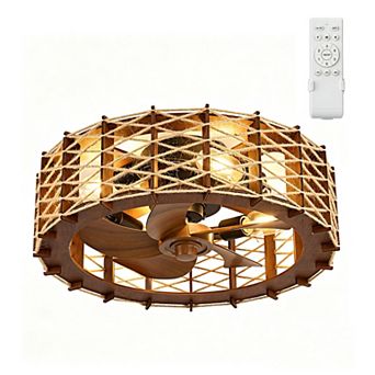 Lanmate Walnut Wood Hemp Rope Caged Semi Flush Mount Ceiling Fan Light With Remote Control