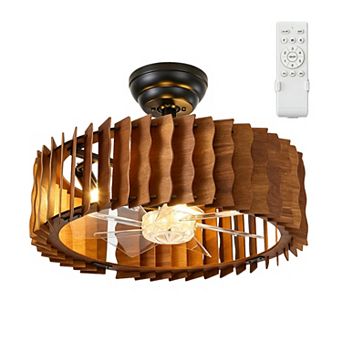 Lanmate 18.9 Inch Modern Wood Wave Cutout Caged Ceiling Fan Light With Remote Easy DIY Installation