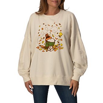Women's Peanuts Snoopy & Woodstock Cozy Fall Day Oversized Fleece Crew Sweatshirt