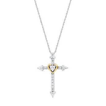 Diamond Essentials Two-Tone Sterling Silver 1/4 Carat T.W. Lab-Grown Diamond Cross & Heart Pendant Necklace