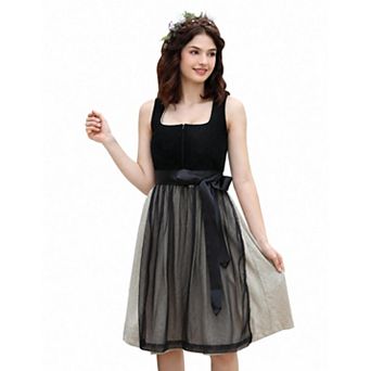 Women's Sleeveless Square Neck Midi Mesh Dress with Waist Tie
