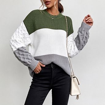 ShopWonder Women's Loose Color Block Sweaters Long Sleeve Pullover Knit Fall Tops