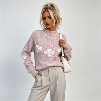 ShopWonder Women's Half High Neck Long Sleeve Color Block Four Leaf Knit Pullover Sweater