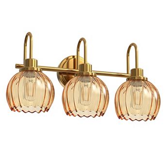 19.5 in 3-Light Gold Vanity Light with Amber Glass Shade for Bathroom & Bedroom, 1 Pack
