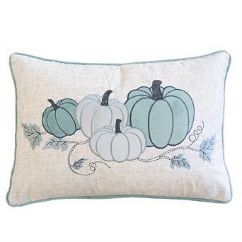 Embroidered Pumpkin Lumbar Throw Pillow 14x20 - Misty Blue Fall Cushion, Autumn Decor for Home decor