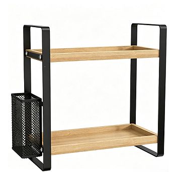 2-Layer Wooden Bathroom Tray Organizers Countertop Storage Rack with Storage Baskets