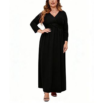 Women's Plus Casual Dress V Neck Long Sleeve Twist Waist Flowy A Line Stretchy Summer Dress